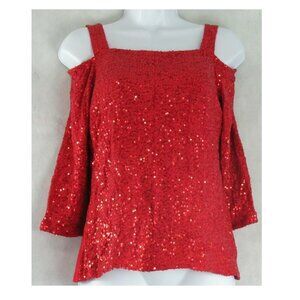 INC International Concepts Women's Petite Sequin Cold-Shoulder Top, Red, PS